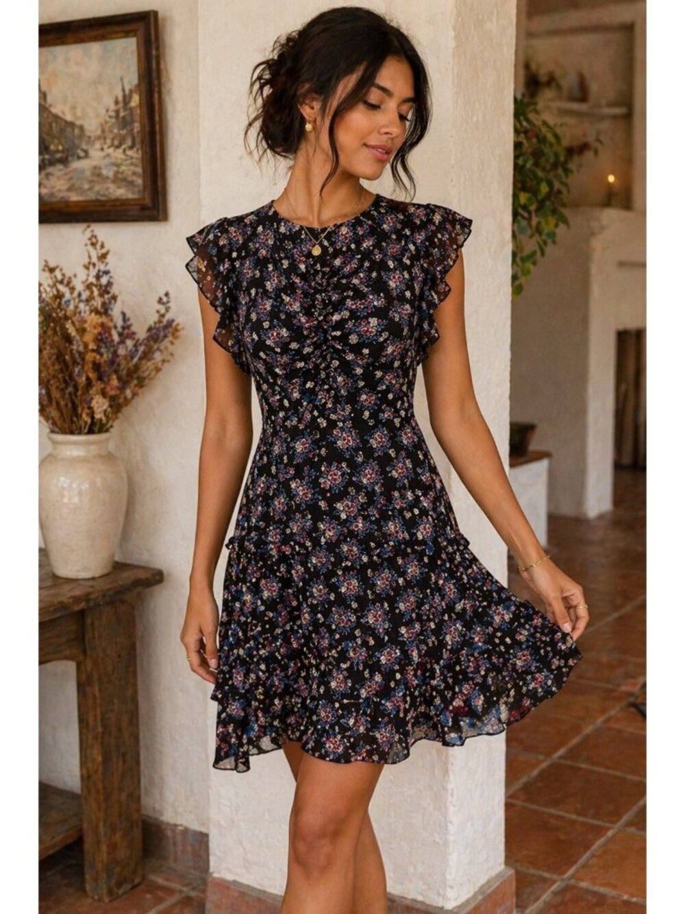 Shoshanna Floral Dress 8 Silk Blend Ruffle Mini Feminine Romantic